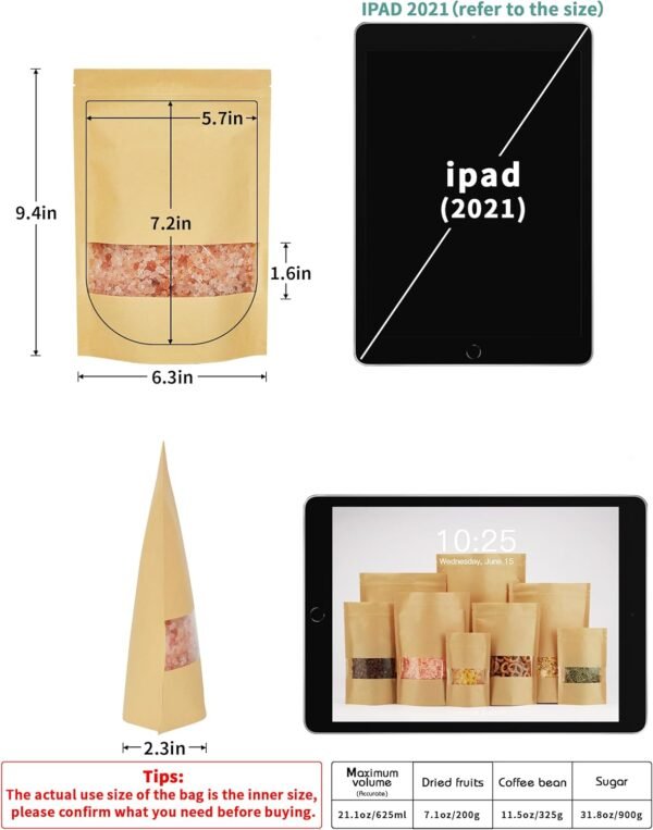 FireKylin 100 Pcs Kraft Paper Bags with Window, 6.3" x 8.6" Stand Up Pouches Bags, Zip Lock Food Storage Bags for Packaging Products, Reusable, Sealable - Image 2