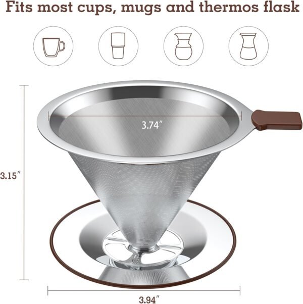 Pour Over coffee filter, Fine Mesh Double Layer,Paperless Reusable Coffee Filters,Stainless Steel Drip Cone Brew Coffee Strainer,Single Cup Coffee Maker 2-3 Cup - Image 3