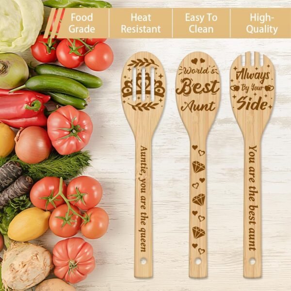 GLOBLELAND 6Pcs Aunt Auntie Wooden Spoons Utensil Set Bamboo Carving Kitchen Cooking Utensils Wooden Engraved Cooking Spatula Set for Kitchen Fun House Warming Gift - Image 4