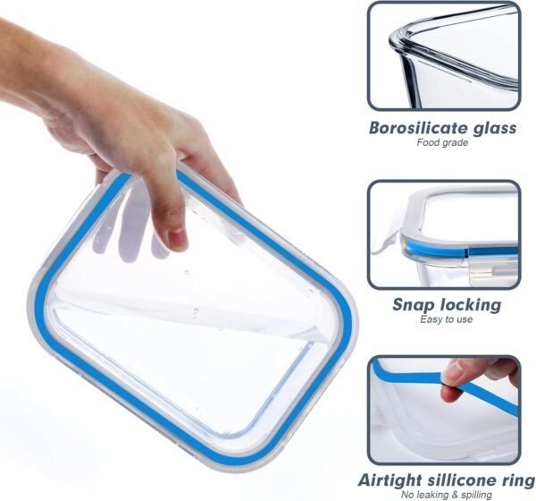 BAYZZ 10 Packs Glass Food Storage Containers with Lids, Glass Meal Prep Containers, Airtight Glass Lunch Containers, Freezer, Oven, Microwave & Dishwasher Friendly, Blue - Image 3