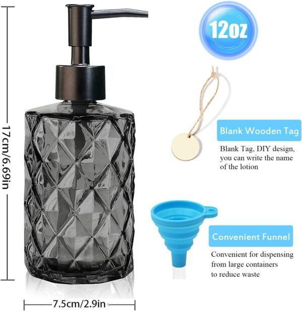 12 Oz Black Clear Diamond Glass Soap Dispenser with Plastic Pump, Small Liquid Hand Refillable Bathroom Dish Lotion Soap Bottle Set, for Bathroom, Kitchen, with Funnel & Blank Wooden Tag - Image 2