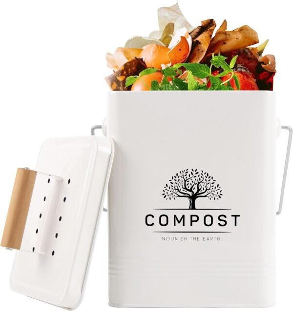 Perfnique Kitchen Compost Bin, 1.7 Gallon Countertop Compost Bin with Lid, Indoor Compost Bin Includes 2 Carbon Filters, Small Compost Bucket, Food Waste Bin for Kitchen with Trash Bags (Cream White)