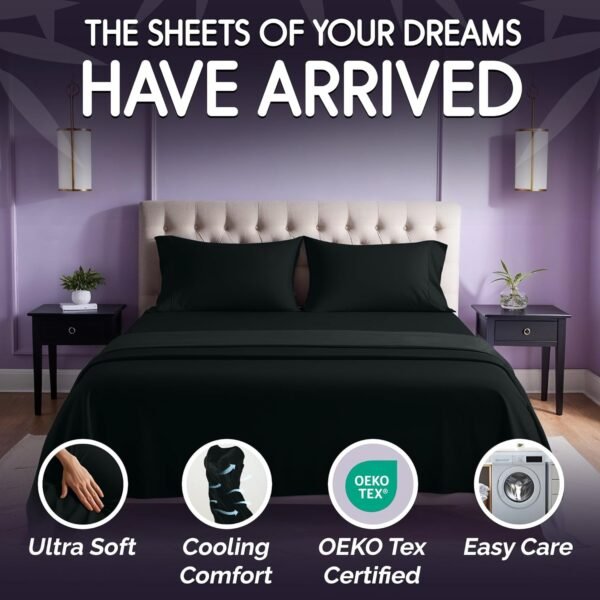SLEEP SANCTUARY 100% Organic Viscose Derived from Bamboo Sheets King Size 6pcs - Ultra Soft & Cooling, 17" Deep Pocket, Double Stitching, Perfect for Hot Sleepers - King Bed Sheets (Black) - Image 2