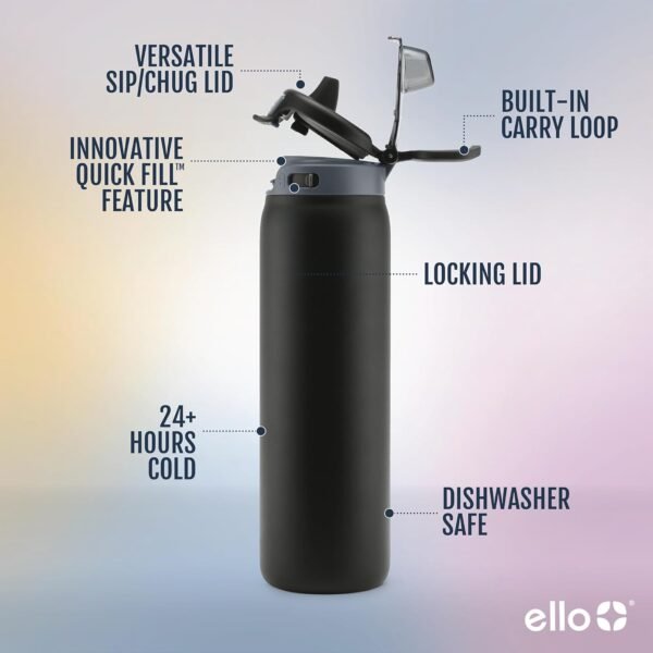 Ello Pop & Fill Stainless Steel Water Bottle with Quick Fill Technology, Double Walled Vacuum Insulated Metal, Leak Proof Locking Lid, Sip & Chug, BPA Free, Holiday Gift for Him Her, 22oz, 32oz, 40oz - Image 3