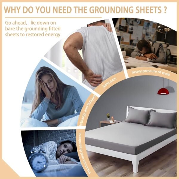 Grounding Fitted Sheet with Grounding Cord and Earthing Product Test Pen 90% Organic Cotton & 10% Silver Fiber Infused Conductive Bedding for Improved Sleep & Wellness Earthing Sheets Full Size Gray - Image 2