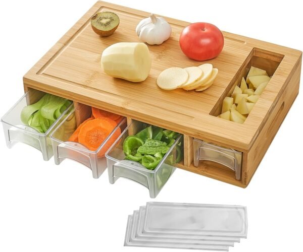 Bamboo Cutting Board with 4 Containers, Large Chopping Board with Juice Grooves, Easy-grip Handles & Food Sliding Opening, Carving Board with Trays for Food Storage, Transport and Cleanup