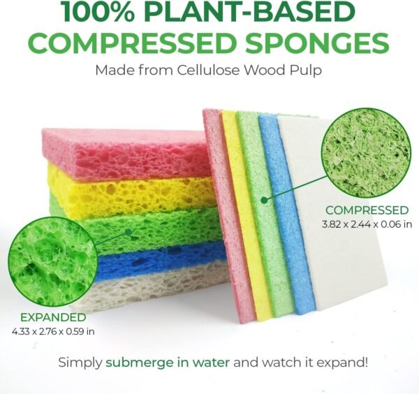 Biodegradable Cellulose Compressed Sponges - Pack of 16 Compostable Sponges Kitchen Pop Up Bulk - Non Scratch Multicolor Natural Dish Sponges - Heavy Duty Multipurpose Eco Friendly Sponges - Image 2