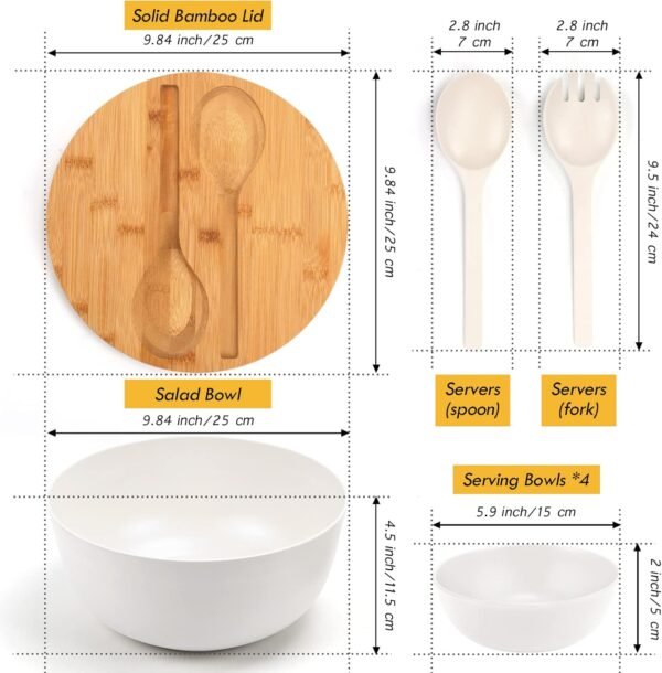 ShineMe Salad Bowl Set, 9.8inches Large Salad Bowl with Lid, Bamboo Salad Serving Bowl with 4pack Small Serving Bowls and Servers(Fork & Spoon) for Mixing Salad, Vegetables and Pasta(White) - Image 4