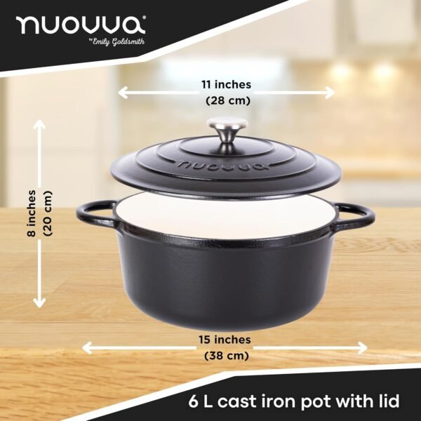 Cast Iron Dutch Oven with Lid – Non-Stick Ovenproof Enamelled Casserole Pot, Oven Safe up to 500° F – Sturdy Dutch Oven Cookware – Black, 6.4-Quart, 28cm – by Nuovva - Image 2