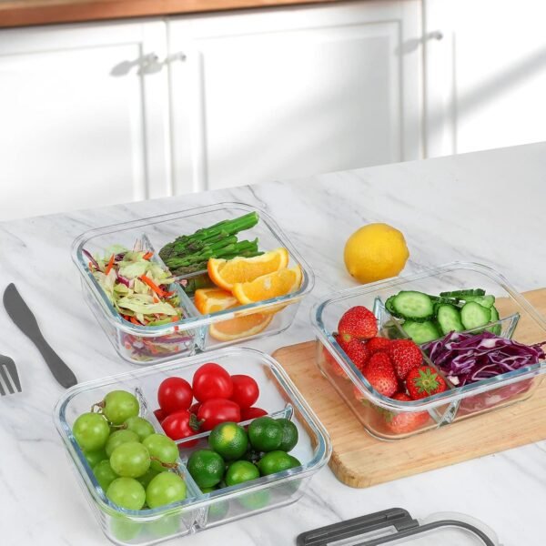 M MCIRCO [5-Pack, 36 oz] Glass Meal Prep Containers 3 Compartment with Lids, Glass Lunch Containers,Food Prep Lunch Box,Bento Box,Microwave, Oven, Freezer, Dishwasher (4.5 Cups) - Image 6