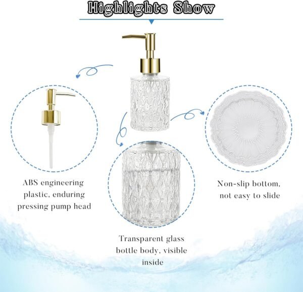Multipurpose Soap Dispenser Easy to Clean Glass Soap Pump Dispenser Ideal for Bath and Bathroom (Gold) - Image 3