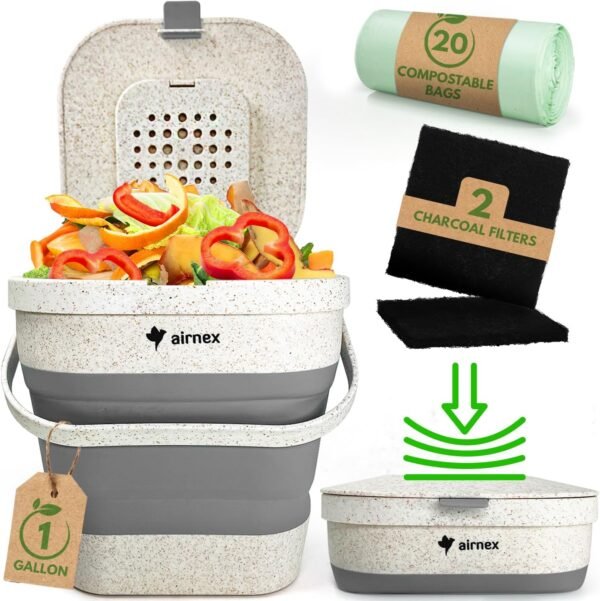 Collapsible Compost Bin Kitchen Counter Caddy - 1 Gallon Countertop Compost Bin with Lid Made of Wheat Straw - Odorless Kitchen Compost Bin Countertop with 20 Compost Bags and 2 Carbon Filters