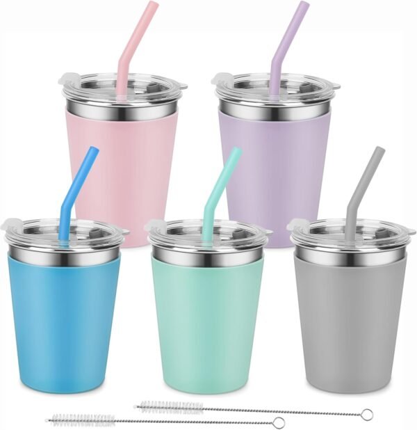 Stainless Steel Sippy Cup, 5-Pack Kids & Toddler Cups with Silicone Sleeves and Straws, Dishwasher Safe, 12 Oz Kids Tumblers For Travel or At Home