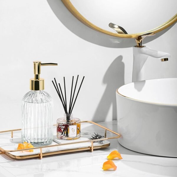 14 Oz Stripe Clear Glass Soap Dispenser with Gold Plastic Pump, Stripe Design Refillable Liquid Hand Lotion Dispenser, Contains Hand Soap and Dish Soap Dispenser, for Kitchen and Bathroom - Image 2