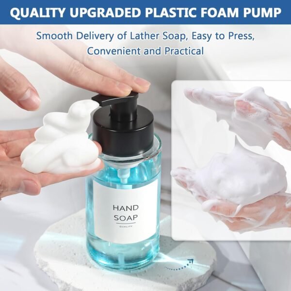 Foaming Soap Dispenser, 12 Oz Foaming Hand Soap Dispenser, 2 Pack Glass Foaming Soap Dispenser for Bathroom & Kitchen, Clear Refillable Foam Soap Dispenser Pump Bottle with Waterproof Labels - Image 4