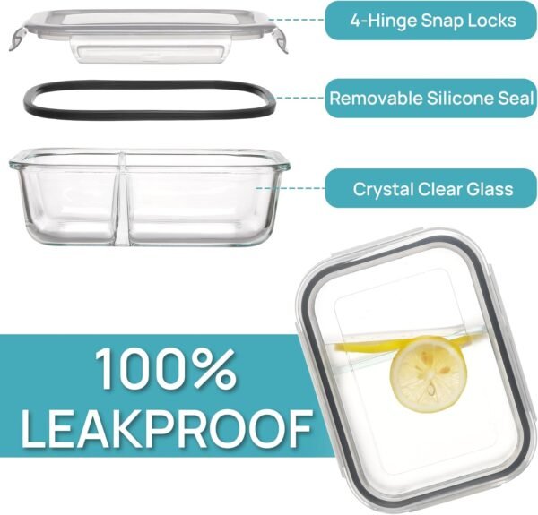 Vtopmart 5 Pack 33oz Glass Food Storage Containers with Lids, Meal Prep Containers 2 Compartments, Airtight Lunch Containers Bento Boxes with Snap Locking Lids for Microwave, Oven, Freezer - Image 6