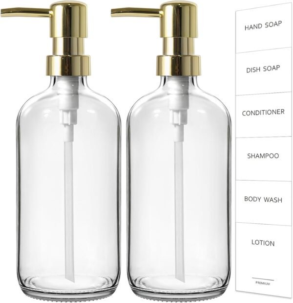 GMISUN Gold Soap Dispenser, 2 Pack Clear Glass Soap Dispenser with Rustproof Golden Pump, 16 Oz Clear Bathroom Hand Soap Dispenser, Refillable Kitchen Hand and Dish Soap Dispensers Set, Liquid Bottles
