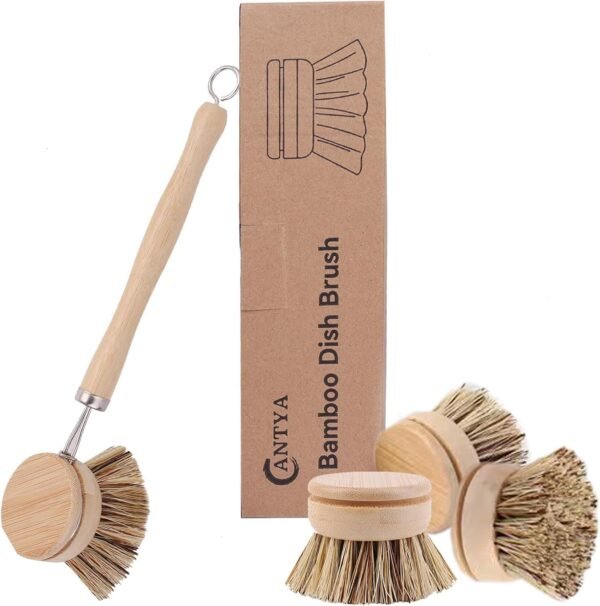 Bamboo Dish Brush with Handle - 4 Replacement Heads | Eco Hard Palm Dish Scrub Brush | Vegetable Brush | Dish Scrubber Brush | Bamboo Wok Brush for Cleaning Kitchen Utensils