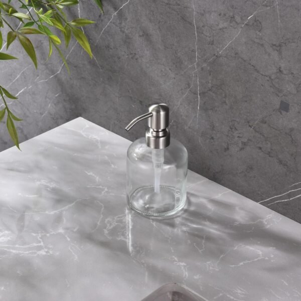Qeemee Clear Glass Soap Dispenser, 11 Oz Boston Round Bottle Dispenser with Stainless Steel Pump, Refillable Kitchen & Bathroom Countertop Dish Soap Dispenser, Brushed Nickel - Image 3