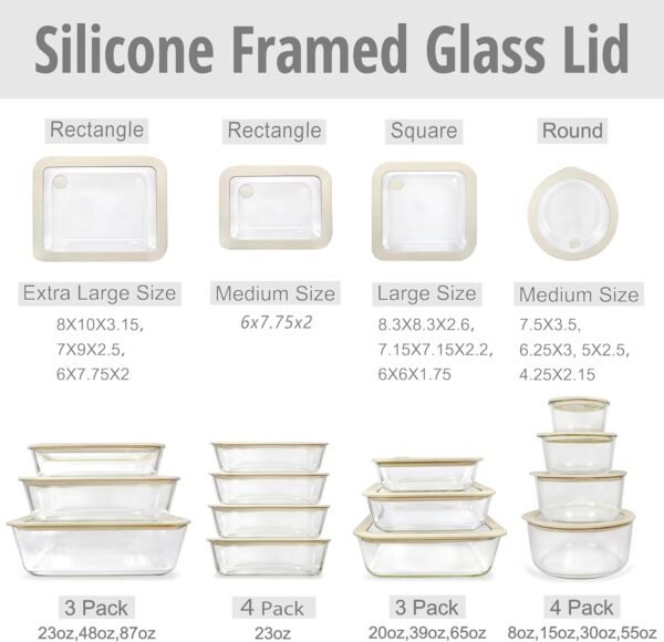 Urban Green Glass Food Container Set with Glass Lid, 3 Pack, Glass Containers with Silicone Framed Glass Lid, Airtight, LeakProof, 100% Plastic Free, Glass Meal Prep Containers (White Color) - Image 3