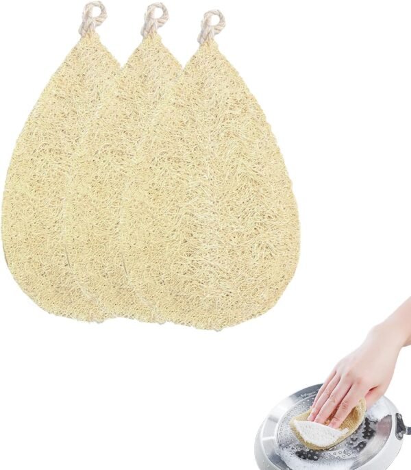 3-Pack Natural Loofah Dish Sponges - Biodegradable Cellulose Scrub Sponges for Kitchen, Bathroom, Household - Dual-Sided, Reusable, Non-Scratch Cleaning