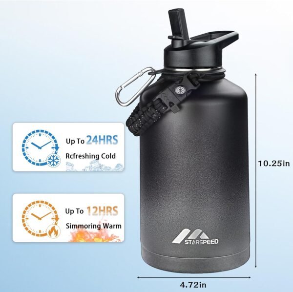 StarSpeed 64oz Insulated Water Bottle with Straws & 2 Lids, Half Gallon Stainless Steel Double Walled Vacuum Water Jug, Large Wide Mouth with Paracord Handle for Gym Camping Hiking, Dark Gray - Image 2