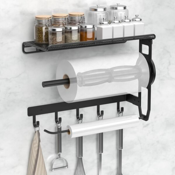 Paper Towel Holder - 4 in 1 Wall Mount Kitchen Paper Rack with Shelf, Towel Holder & Hooks, Easy Tear Paper Roll Holder with Two Fixing Tubes Suitable for Kitchen, Bathroom, Garage & Tool Room