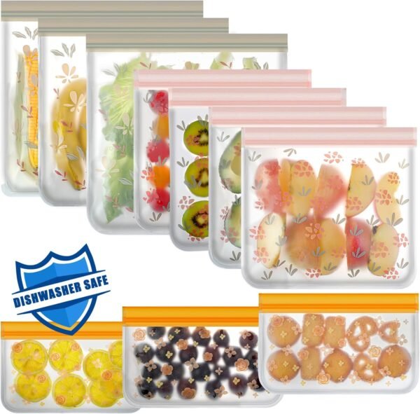 10 Pack Dishwasher Safe Reusable Gallon Bags Silicone, Leak proof Reusable Freezer Bags for Food Storage Home Organization Traval & Make-up BPA FREE for Food Storage Home for Salad Fruit