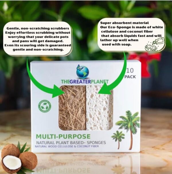 THE GREATER PLANET- Natural Kitchen Sponges, Eco Friendly Cleaning sponges-Multipurpose Wood Cellulose Scrub sponges-10 Pack Biodegradable Organic Kitchen Dish Sponge Cleaning Earth Friendly Sponge. - Image 5