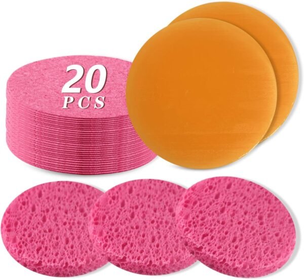 20 - Count Compressed Facial Sponges, 2 - Count Turmeric Kojic Soap, Kojic Acid Dark Spot Remover Soap Bars with Vitamin C, Retinol, Collagen, Turmeric (1 Set, Round Pink）