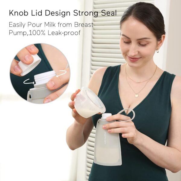 No Leak Momcozy Silicone Breastmilk Storage Bags, Reusable Breastmilk Freezer Storing Bags for Breastfeeding, 8.5oz/250ml Breast Milk Saver, Leakproof Baby Food Pouches, BPA Free (Gray, 5pcs) - Image 4