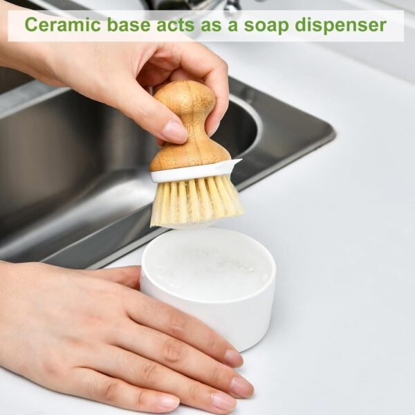 SUBEKYU Bamboo Dish Brush, Kitchen Dish Scrubber Brush with Soap Dispenser, Natural Wooden Dishwashing Brush for Cleaning Dishes/Pans/Pots, Built-in Scraper, Sisal Bristles,1 Set - Image 5