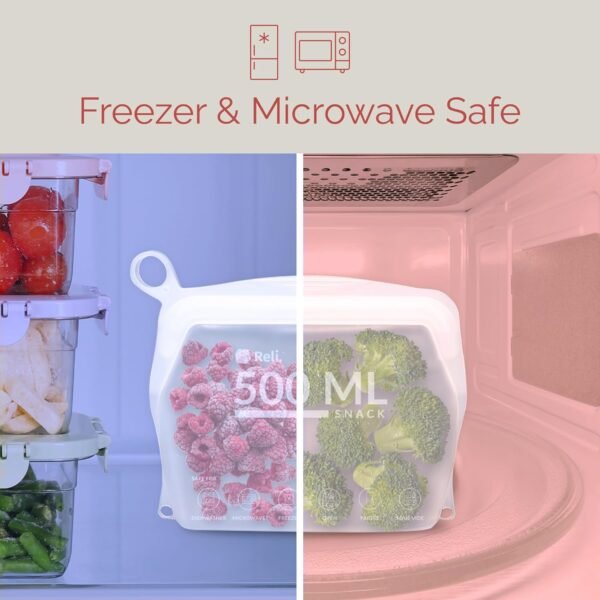 Reli. Reusable Silicone Bags (2 Pack) | Snack (500 ml), Clear | Silicone Bags for Food Storage | Small Reusable Food Storage Bags for Food, Meal Prep, Storage | Leak-Proof, Dishwasher/Freezer Safe - Image 7