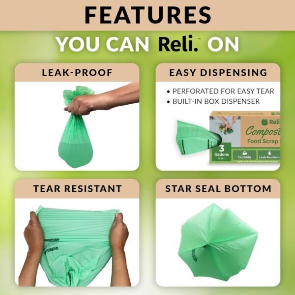Reli. Compost Bags 3 Gallon (150 Count) | ASTM D6400 | Compostable Trash Bags for Food Scraps | Small Compost Bags for Kitchen Compost Bin/Countertop Bin | Green, Eco Bags for Food Waste, 3 Gal - Image 3