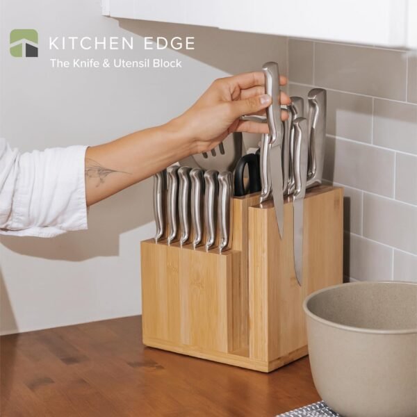 Bamboo Magnetic Knife Block and Cooking Utensil Holder, Sleek Storage for Chefs Knives, Steak Knives, Spatulas, Scissors, Non-Slip Rubber Feet, Easy to Clean, Kitchen Countertop Organizer - Image 2