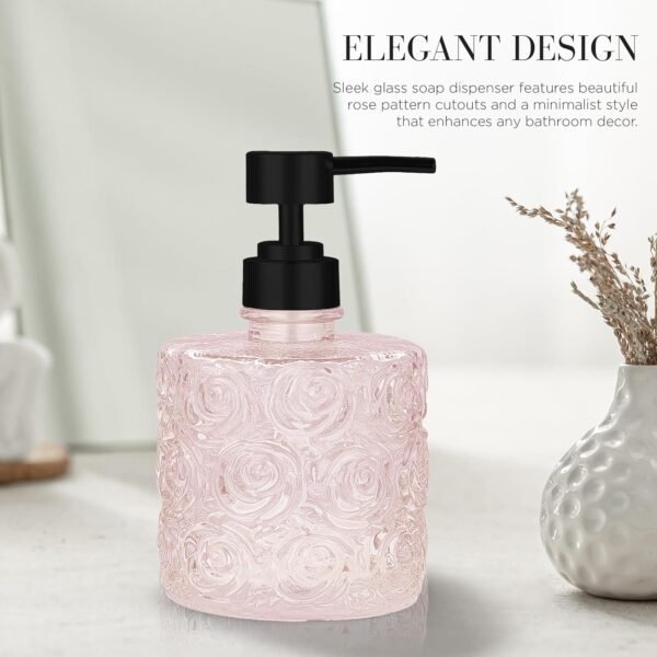 Marcella Glass Soap Dispenser with Soap Pump, Refillable 14 Ounce Capacity, Floral Design Rose Patterns, Heavy Weight Thick Glass for Bathroom, Premium Kitchen Soap Dispenser (Peach Blush) - Image 5