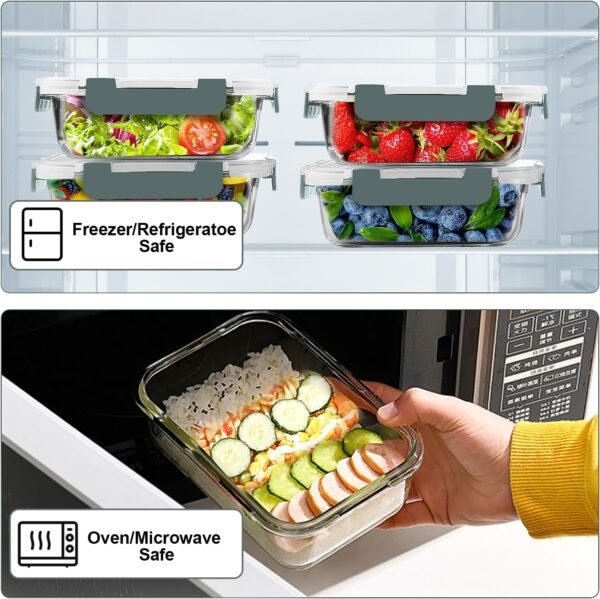 VERONES 10 Pack 22 OZ Glass Meal Prep Containers, Airtight Glass Lunch Containers Set, Glass Food Storage Containers with Lids,Exclusive of BPA, for Microwave, Oven, Freezer & Dishwasher Friendly,Grey - Image 4