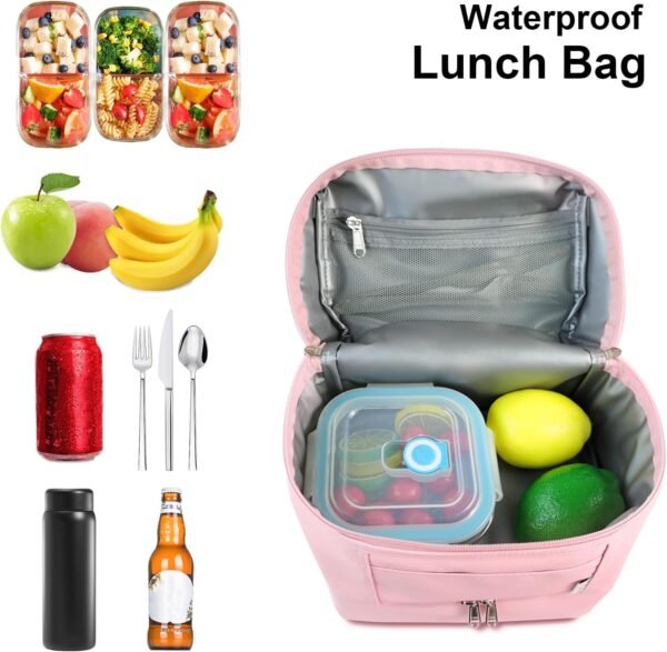 NOL Natural Organic Lifestyle Dual Compartment Insulated Lunch Bag Leakproof Cooler Tote Bag for Adults Lightweight Nylon Waterproof Lunch Box with Adjustable Shoulder Strap for Work, Pink - Image 7