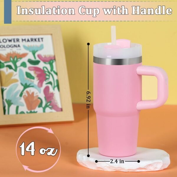 14 Oz Tumbler with Handle and Straw for Kids, Stainless Steel Vacuum Insulated Tumbler Keep Cold Heat and Ice, Gifts for Children Cups (Pink) - Image 2