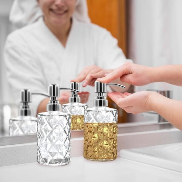 2 Pack 12 Oz Glass Soap Dispenser with Stainless Steel Pump, Refillable Liquid Hand Soap Dispenser for Bathroom, Vanity Countertop,for Kitchen, Laundry Room, Home Decor Accessories (Silver) - Image 5