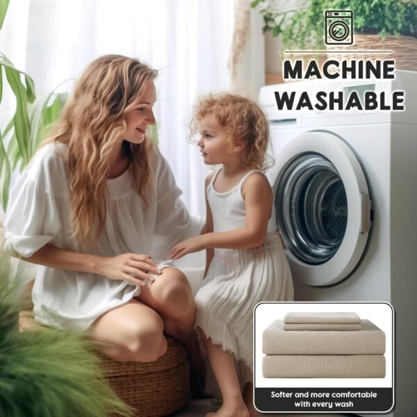SONORO KATE 100% French Pure Linen Sheets, Breathable and Durable Line King Size Sheets, Anti-Tear Line Bed Sheets, Machine Washable, 16 Inch Deep Pocket - 4 Piece (Natural Linen, King) - Image 8
