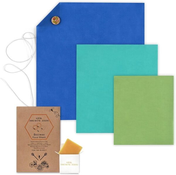 Organic Beeswax Wraps | Reusable, Eco-Friendly Food, Sandwich, Snack Wrap | Plastic Free | Premium Set of 6, 1 Large, 1 Medium, 1 Small Wrap, Button, Tie and Refresh Wax for Longer Usage