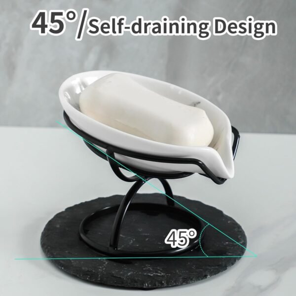 Leaf-Shaped Soap Dish – Ceramic Soap Bar Holder with Self-Drainage System – Bar Soap Holder for Shower, Bathroom Sink, Kitchen – Soap Dish with Stainless Steel Stand (White-Black-2 Pack) - Image 3