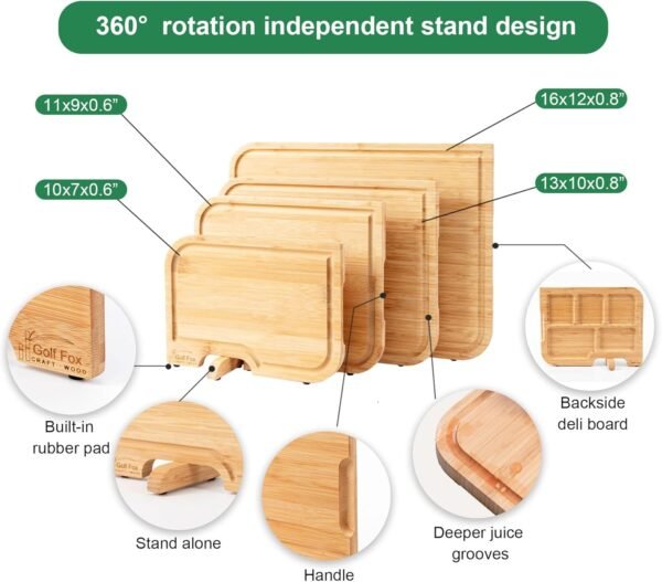 4-Pieces Wooden Cutting Boards Set with Stand, Double-Sided: Wooden Chopping Board and Charcuterie Board, Bamboo Cutting Board Set with Holder, Wood Cutting Board for Kitchen, Wooden Cutting Board Set - Image 2