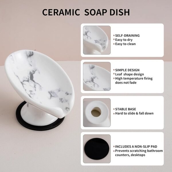 Soap Dish, Marble Soap Holder Self Draining Leaf Shape Soap Dishes,Ceramic soap Holder for Shower，Bathroom Sink, Kitchen (1, Marble) - Image 3