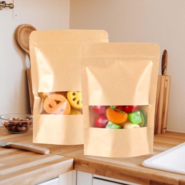 100 PCS Resealable bags, 5.5" x 7.9" Stand Up Kraft Paper Bags with Matte Window, Zip Lock Food Storage Bags for Packaging Products, Reusable, Sealable - Image 5