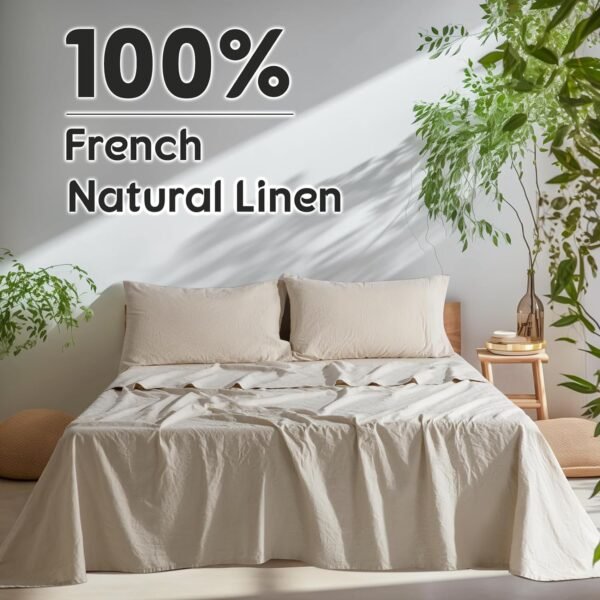 SONORO KATE 100% French Pure Linen Sheets, Breathable and Durable Line King Size Sheets, Anti-Tear Line Bed Sheets, Machine Washable, 16 Inch Deep Pocket - 4 Piece (Natural Linen, King) - Image 2