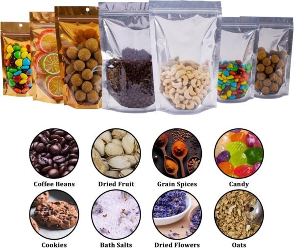 100 Pack Mylar Bags for Food Storage Resealable Aluminum Foil Clear Stand Up Pouch with Front Window 6.29×9.44 Inch Reusable Zipper Lock Food Packaging Heat Seal Bags for Small Business and Home - Image 5