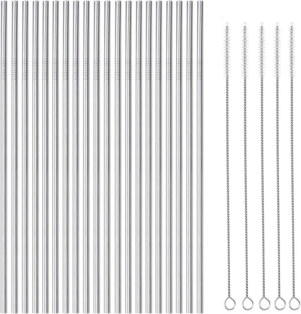 25 Piece Set Stainless Steel Straws Long 8.5 Inch Drinking Metal Straws Reusable Drinking Straws for 20 OZ (20 Straight| 5 Brushes)