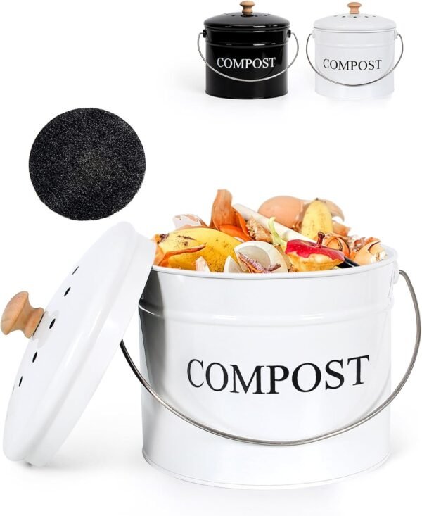 Compost Bin Kitchen - 1 Gallon Kitchen Composter, Countertop Compost Bin with Lid and Charcoal Filters, Rust Proof Indoor Compost Bucket, Food Waste Bin for Kitchen